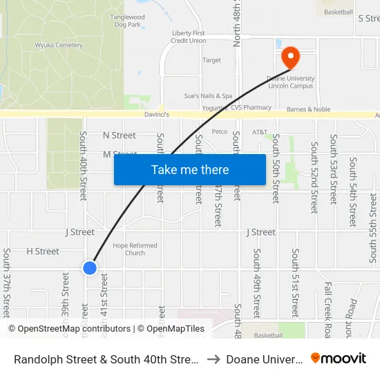 Randolph Street & South 40th Street, NE to Doane University map