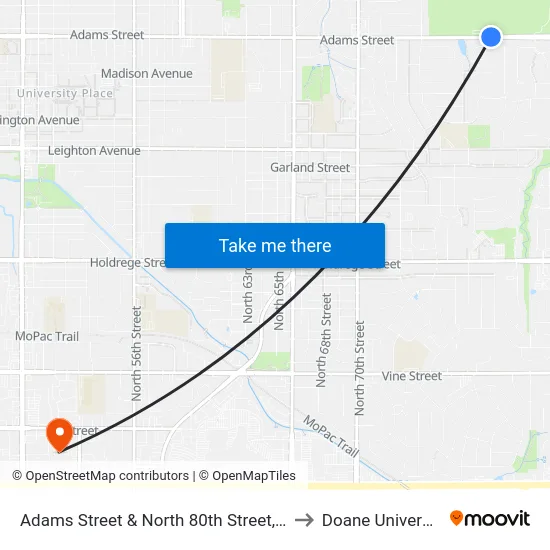 Adams Street & North 80th Street, NE to Doane University map