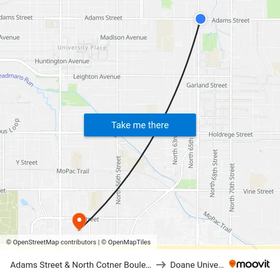 Adams Street & North Cotner Boulevard, NE to Doane University map