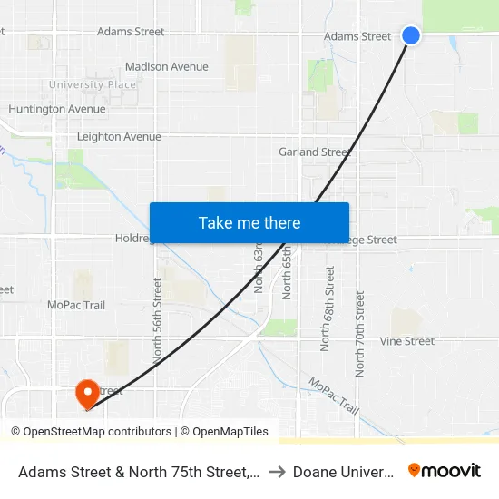 Adams Street & North 75th Street, SW to Doane University map