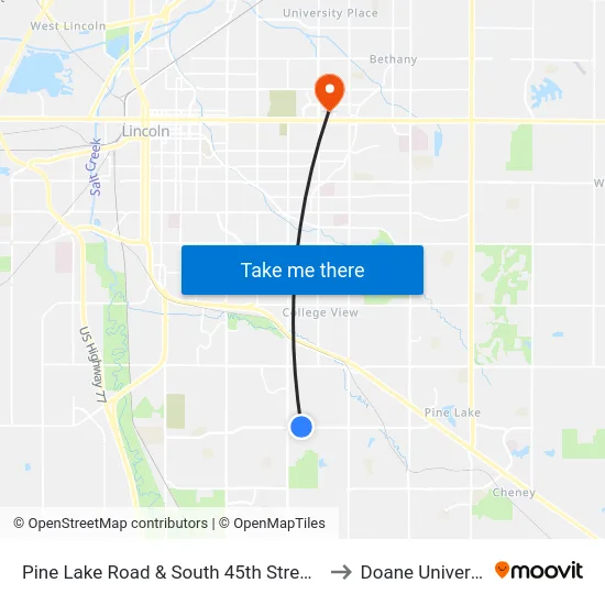 Pine Lake Road & South 45th Street, NW to Doane University map