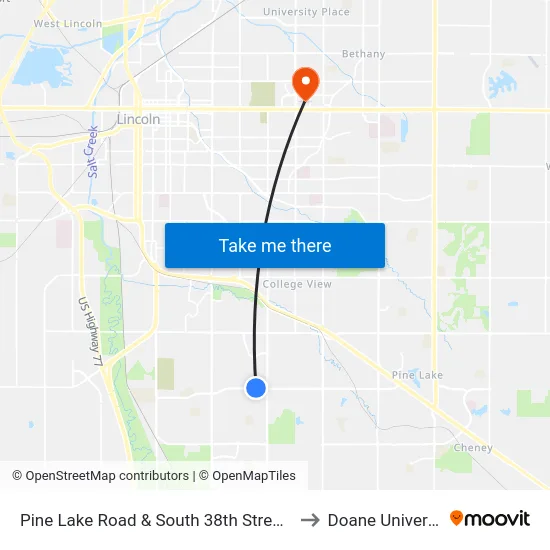 Pine Lake Road & South 38th Street, NW to Doane University map
