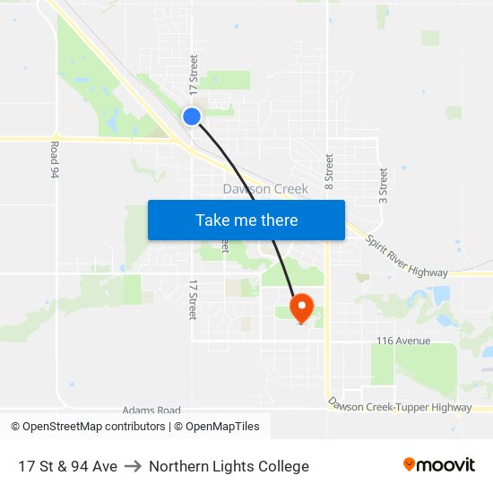 17 St & 94 Ave to Northern Lights College map