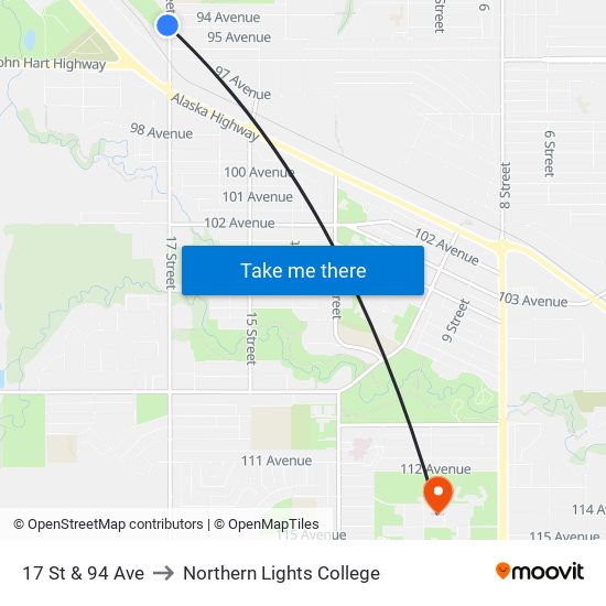 17 St & 94 Ave to Northern Lights College map