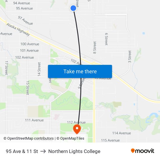 95 Ave & 11 St to Northern Lights College map