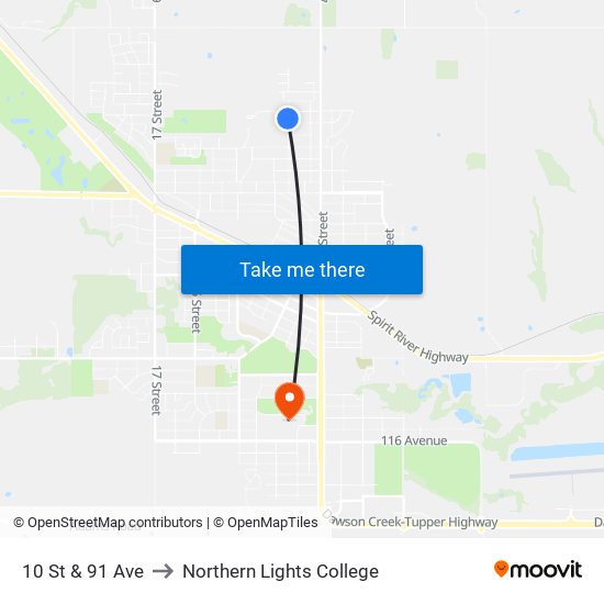 10 St & 91 Ave to Northern Lights College map