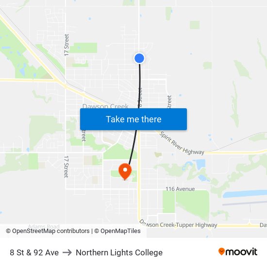 8 St & 92 Ave to Northern Lights College map