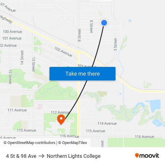 4 St & 98 Ave to Northern Lights College map