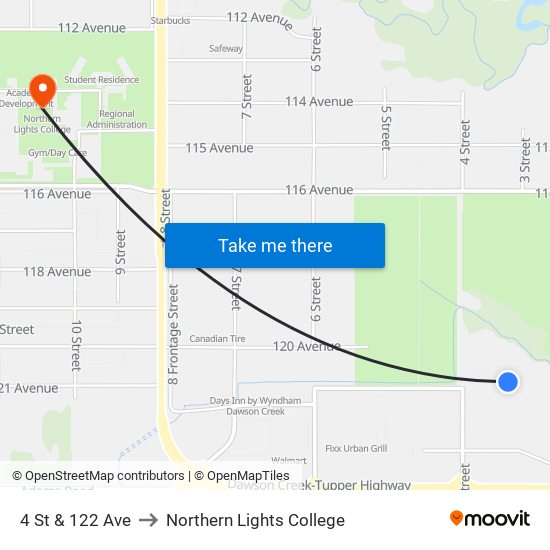 4 St & 122 Ave to Northern Lights College map