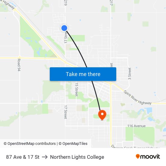 87 Ave & 17 St to Northern Lights College map
