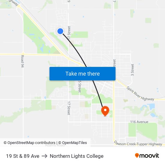 19 St & 89 Ave to Northern Lights College map