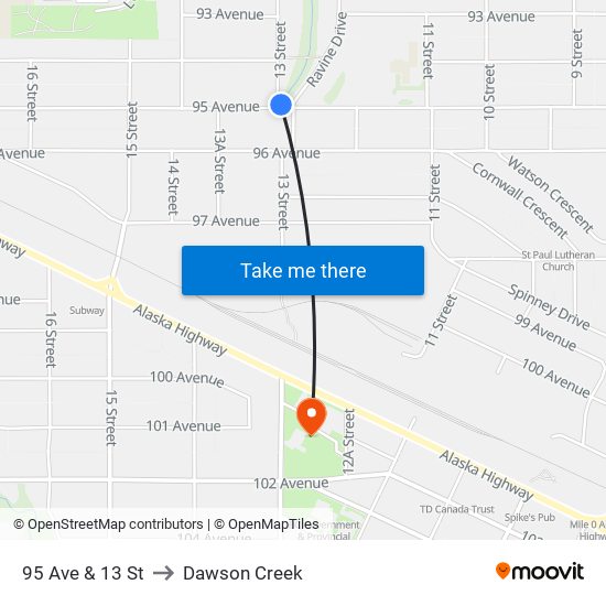 95 Ave & 13 St to Dawson Creek map