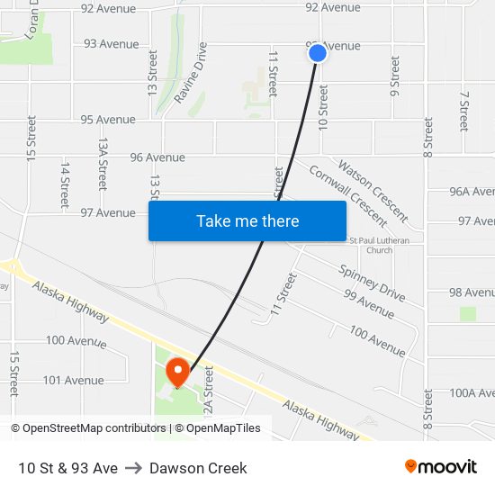 10 St & 93 Ave to Dawson Creek map