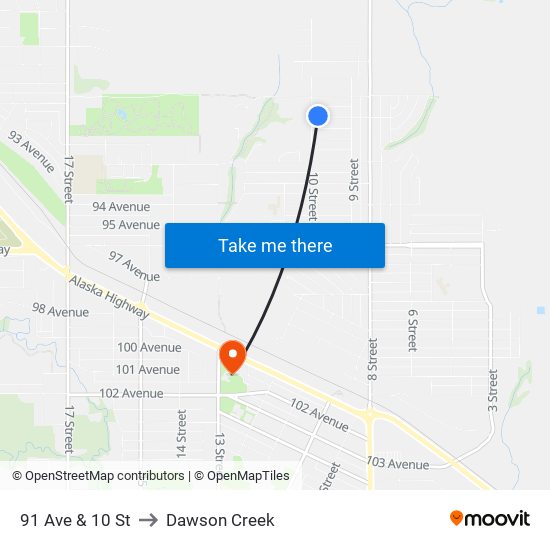 91 Ave & 10 St to Dawson Creek map