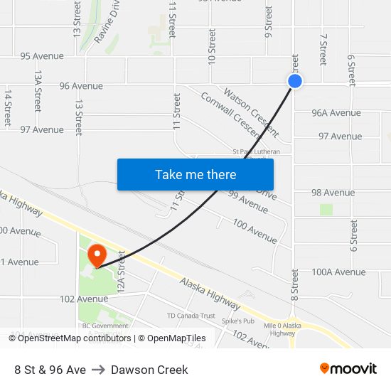 8 St & 96 Ave to Dawson Creek map