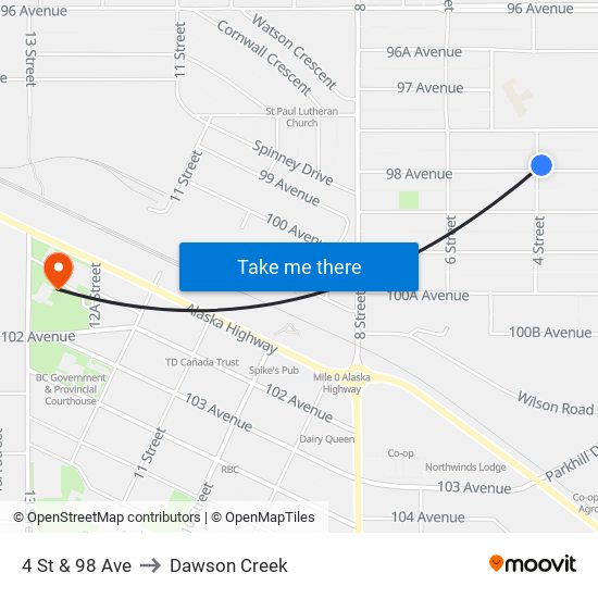 4 St & 98 Ave to Dawson Creek map