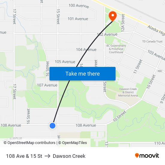 108 Ave & 15 St to Dawson Creek map