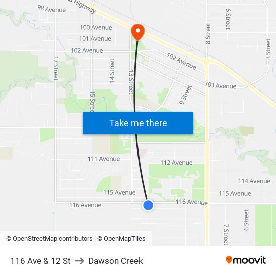 116 Ave & 12 St to Dawson Creek map