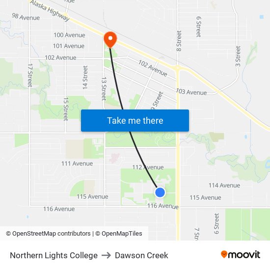 Northern Lights College to Dawson Creek map