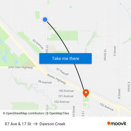 87 Ave & 17 St to Dawson Creek map