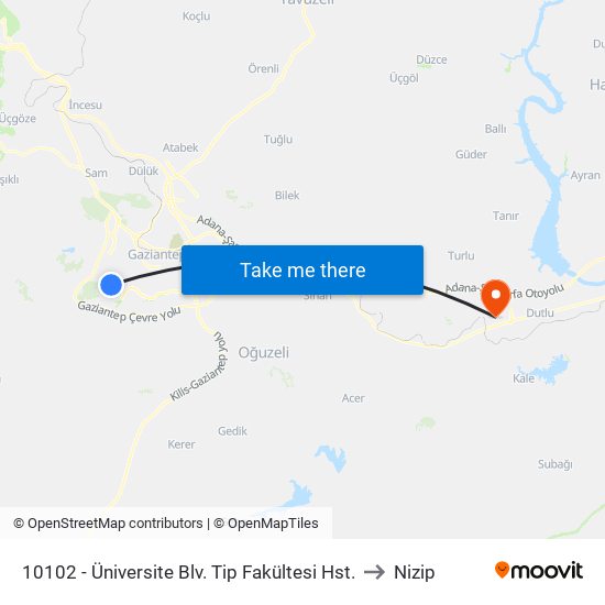 10102 - Üniversite Blv. Tip Fakültesi Hst. to Nizip map