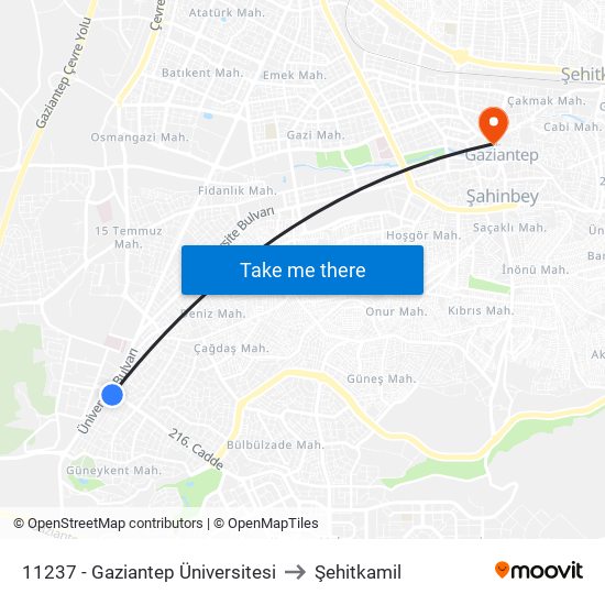 11237 - Gaziantep Üniversitesi to Şehitkamil map