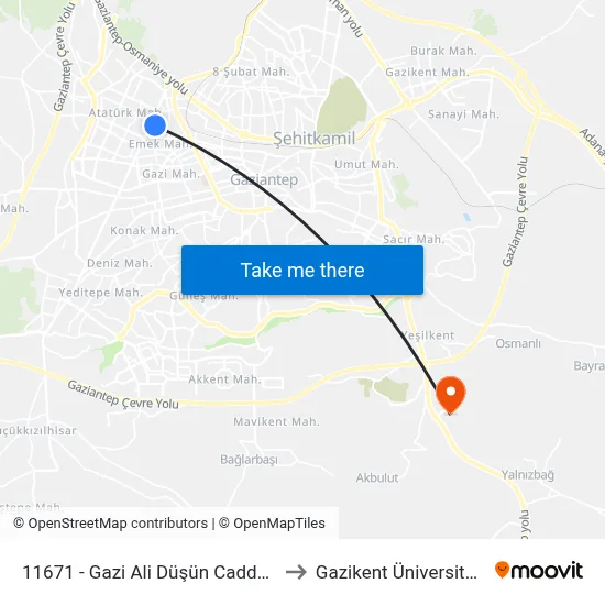 11671 - Gazi Ali Düşün Caddesi to Gazikent Üniversitesi map