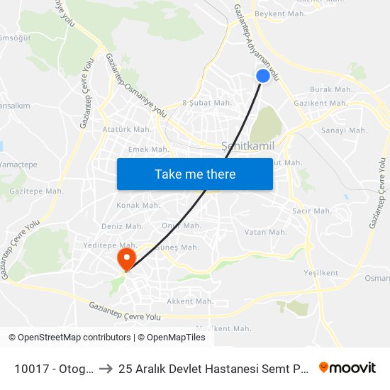 10017 - Otogar 1 to 25 Aralık Devlet Hastanesi Semt Polikliniği map