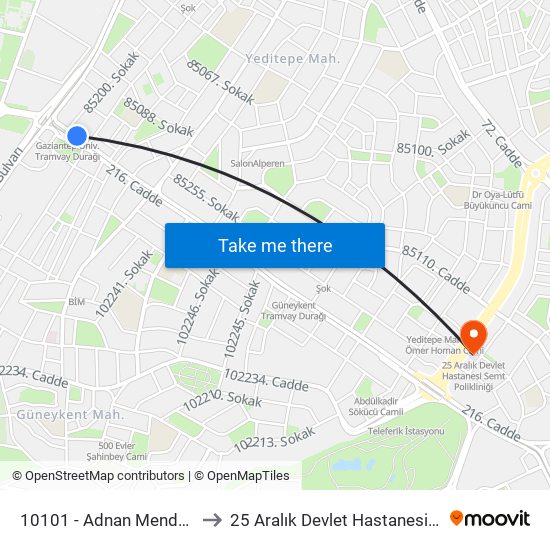 10101 - Adnan Menderes Blv. Gazü to 25 Aralık Devlet Hastanesi Semt Polikliniği map