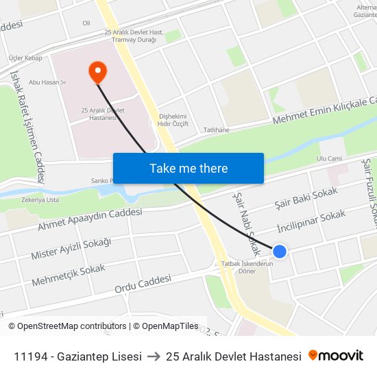 11194 - Gaziantep Lisesi to 25 Aralık Devlet Hastanesi map