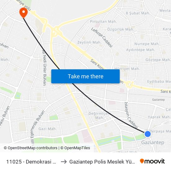 11025 - Demokrasi Meydani to Gaziantep Polis Meslek Yüksekokulu map