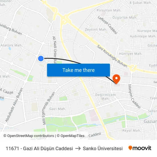 11671 - Gazi Ali Düşün Caddesi to Sanko Üniversitesi map
