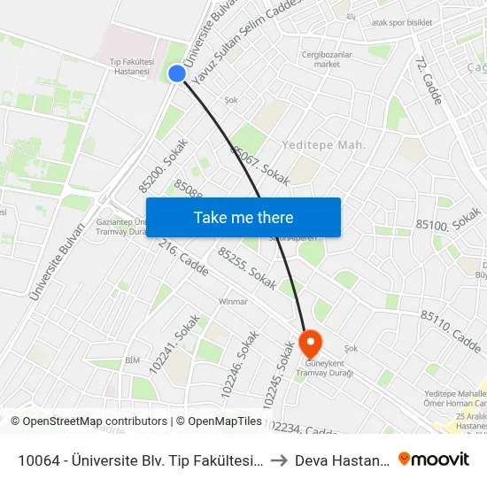 10064 - Üniversite Blv. Tip Fakültesi Önü to Deva Hastanesi map