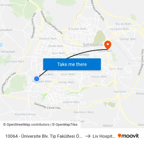 10064 - Üniversite Blv. Tip Fakültesi Önü to Liv Hospital map