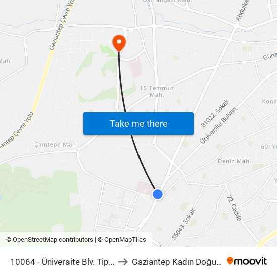 10064 - Üniversite Blv. Tip Fakültesi Önü to Gaziantep Kadın Doğum Hastanesi map