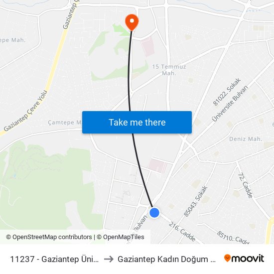 11237 - Gaziantep Üniversitesi to Gaziantep Kadın Doğum Hastanesi map