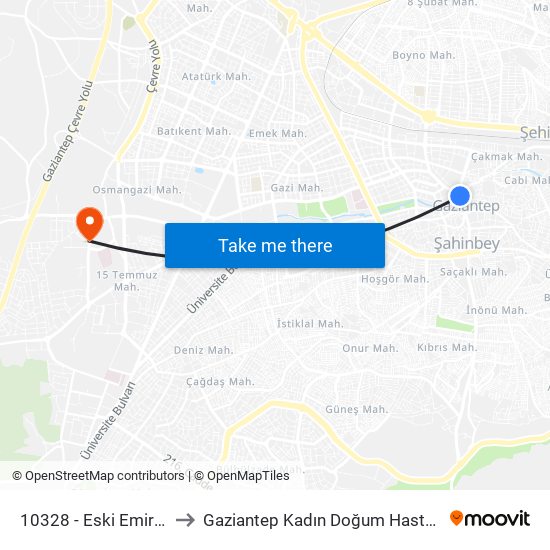 10328 - Eski Emirgan to Gaziantep Kadın Doğum Hastanesi map