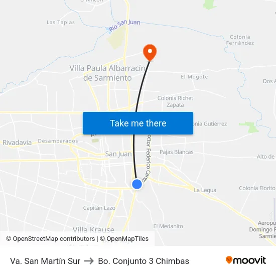 Va. San Martín Sur to Bo. Conjunto 3 Chimbas map