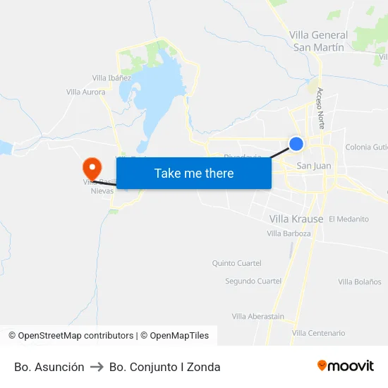 Bo. Asunción to Bo. Conjunto I Zonda map