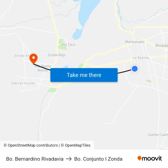 Bo. Bernardino Rivadavia to Bo. Conjunto I Zonda map