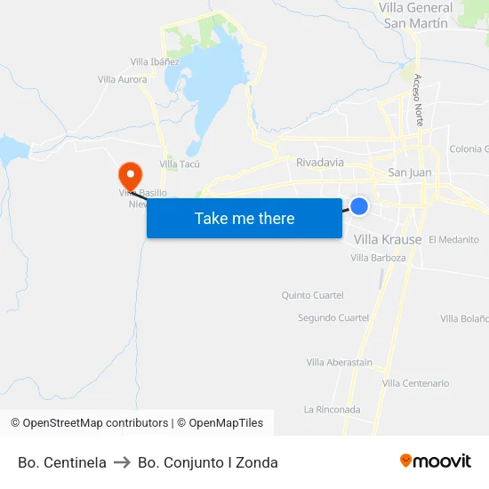 Bo. Centinela to Bo. Conjunto I Zonda map