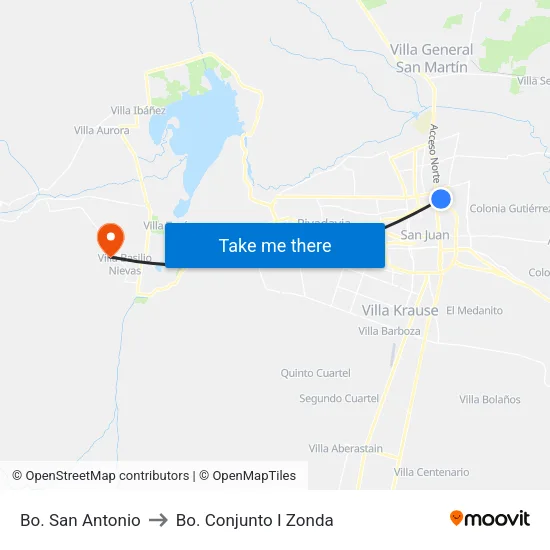 Bo. San Antonio to Bo. Conjunto I Zonda map
