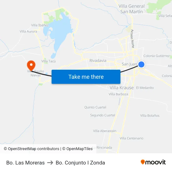 Bo. Las Moreras to Bo. Conjunto I Zonda map