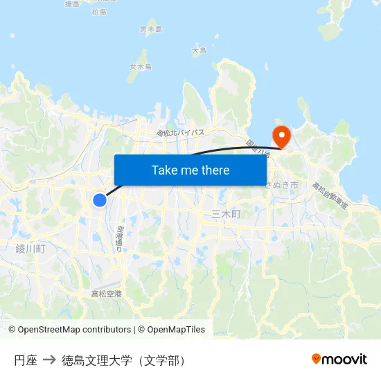 円座 to 徳島文理大学（文学部） map