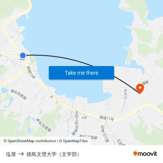 塩屋 to 徳島文理大学（文学部） map