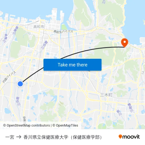 一宮 to 香川県立保健医療大学（保健医療学部） map