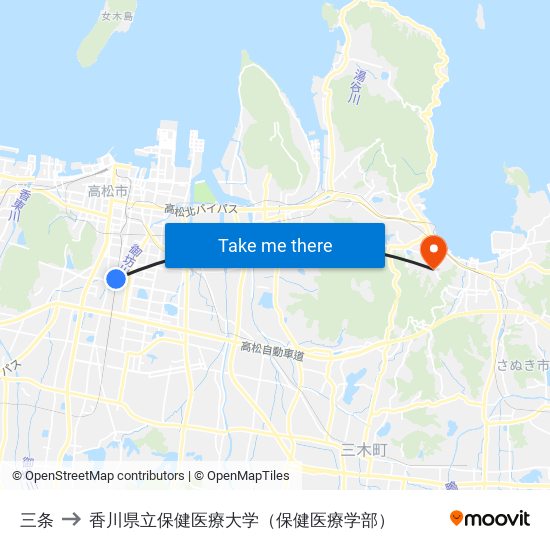 三条 to 香川県立保健医療大学（保健医療学部） map