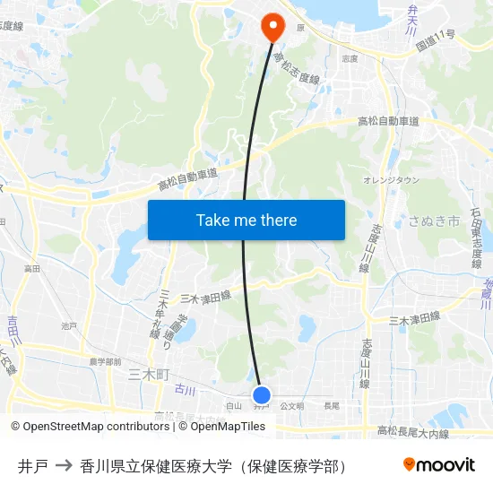 井戸 to 香川県立保健医療大学（保健医療学部） map