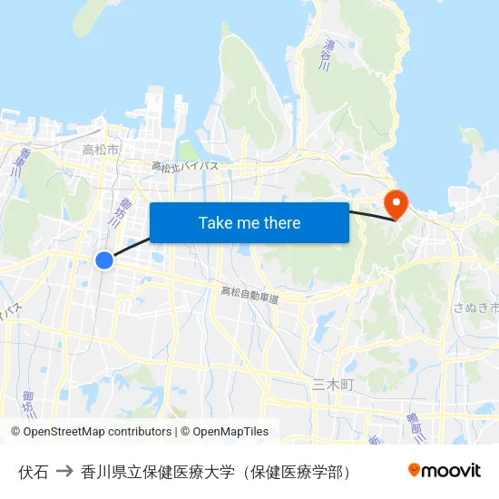 伏石 to 香川県立保健医療大学（保健医療学部） map