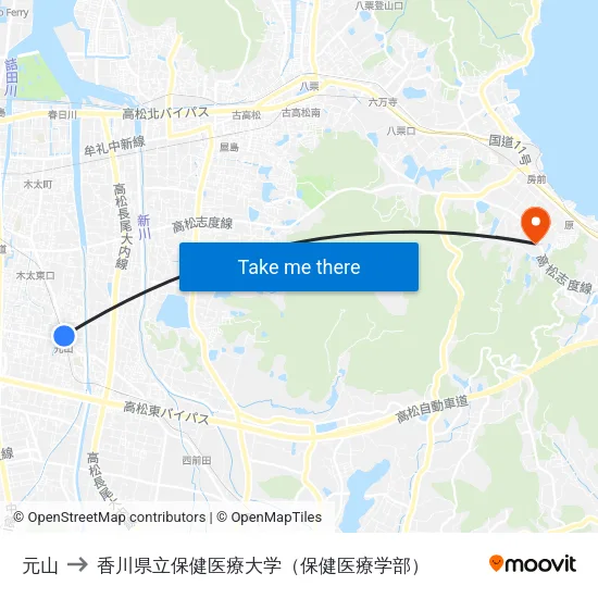 元山 to 香川県立保健医療大学（保健医療学部） map